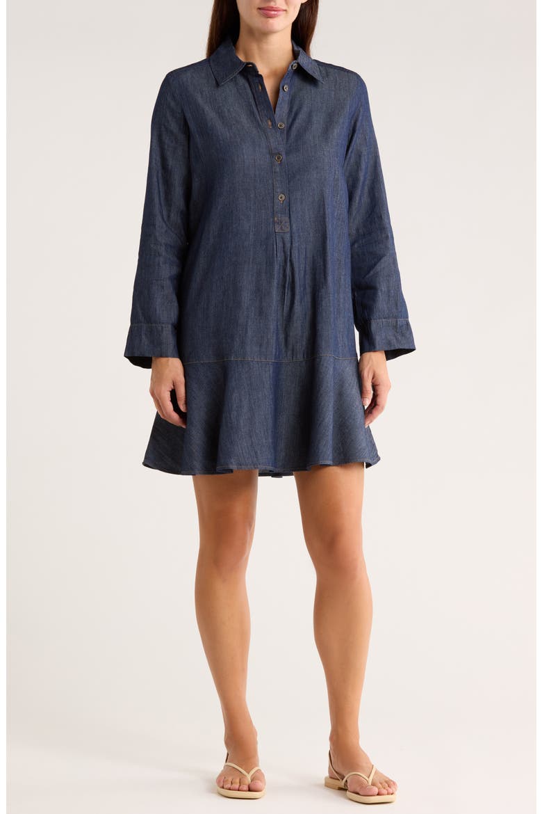 Roll Sleeve Chambray Dress, Main, color, DARK WASH