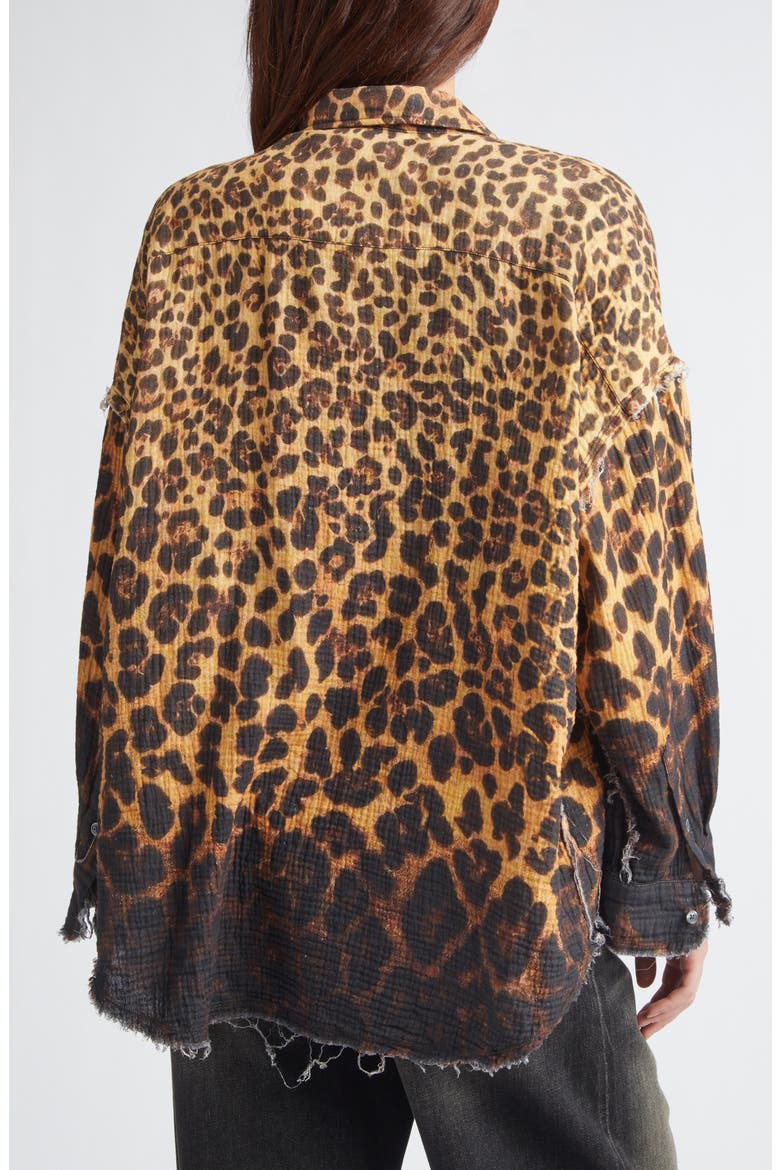 Oversize Shredded Seam Drop Neck Leopard Print Button-Up Shirt, Alternate, color, DIPPED BROWN LEOPARD