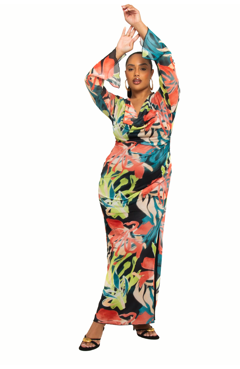 FASHION-SZN CURVE Curve Abstract Cowl Neck Maxi Dress, Alternate, color, Orange