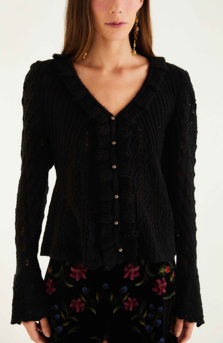 FARM Rio Pointelle Stitch Bell Sleeve Cardigan, Alternate, color, Black
