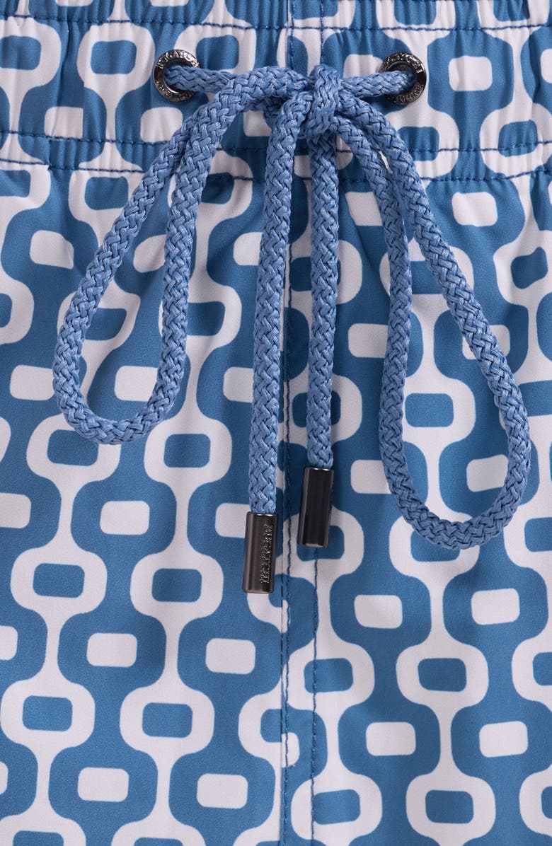 Bugatchi Cruz Print Swim Trunks, Alternate, color, Peacock