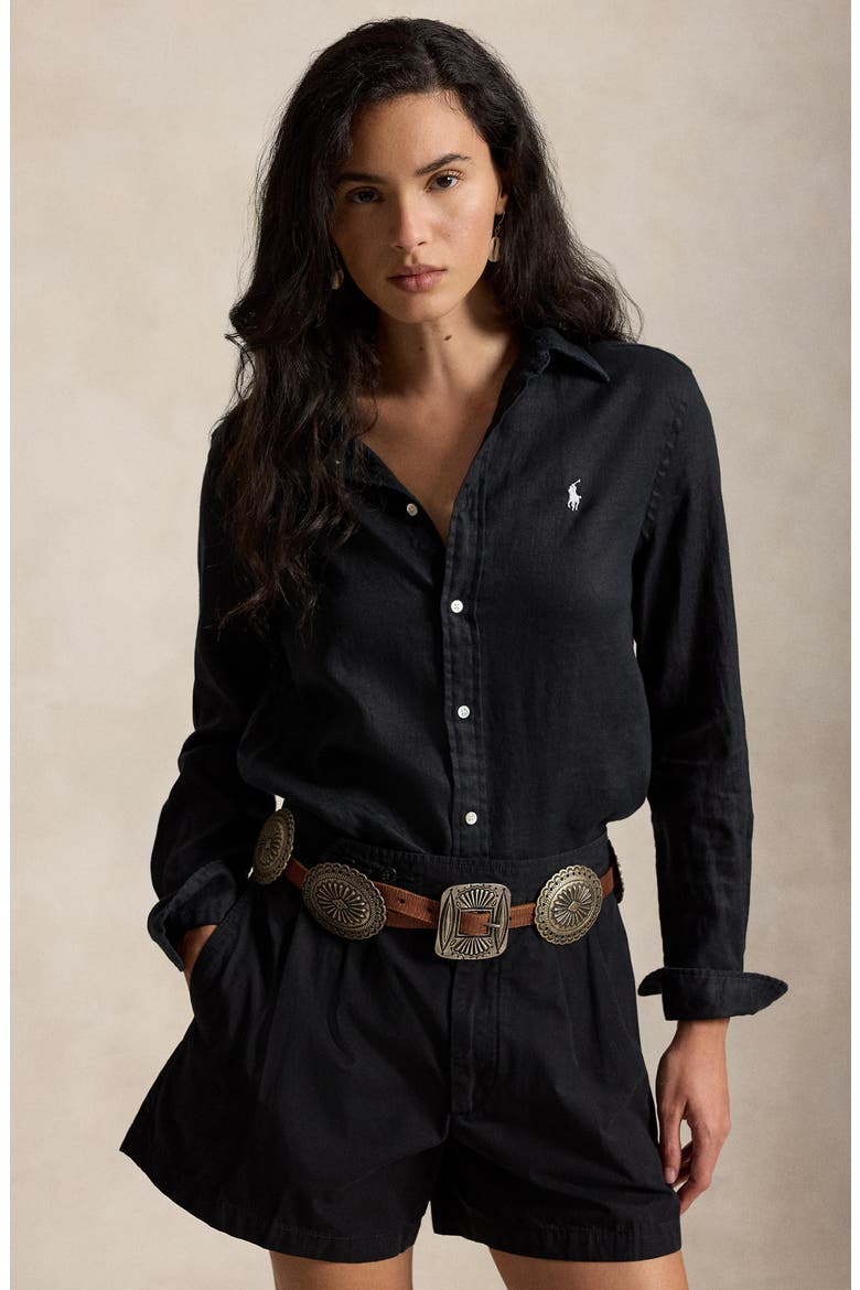 Classic Fit Linen Button-Up Shirt, Alternate, color, POLO BLACK