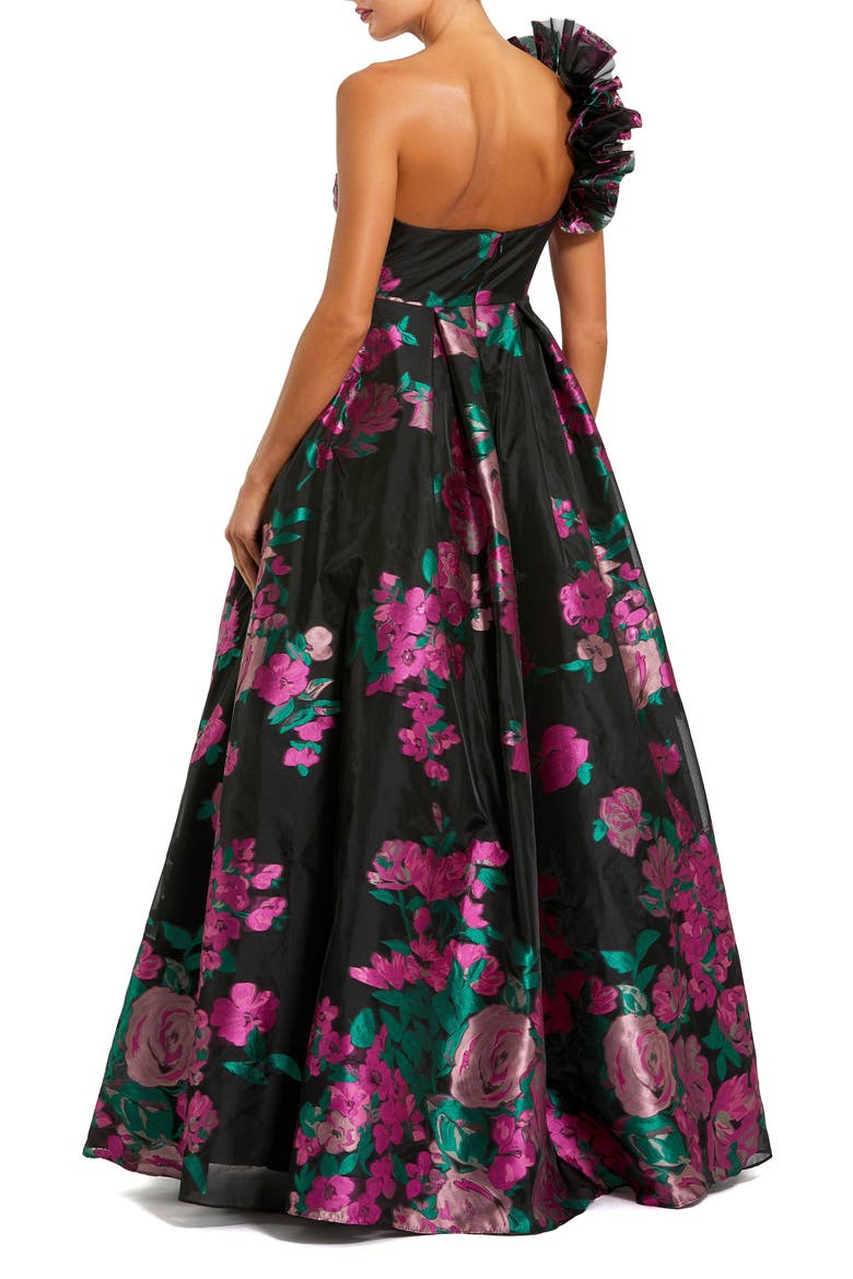 One Shoulder Floral Brocade Ballgown, Alternate, color, Black Multi