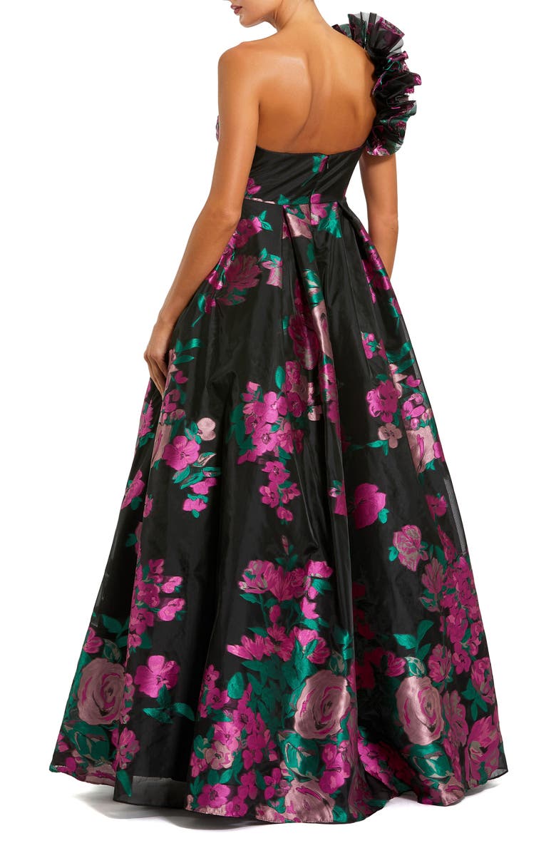 Mac Duggal One Shoulder Floral Brocade Ballgown, Alternate, color, Black Multi