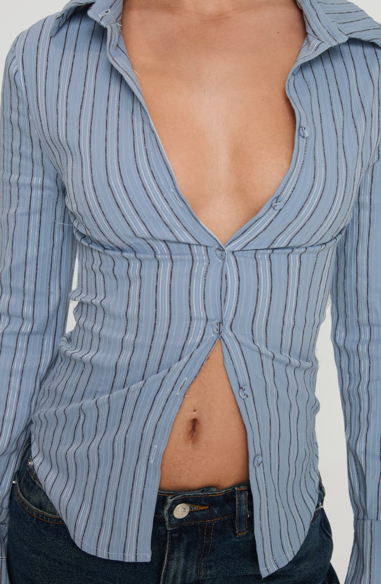 Princess Polly Madlin Stripe Long Sleeve Button-Up Shirt, Alternate, color, Blue Stripe