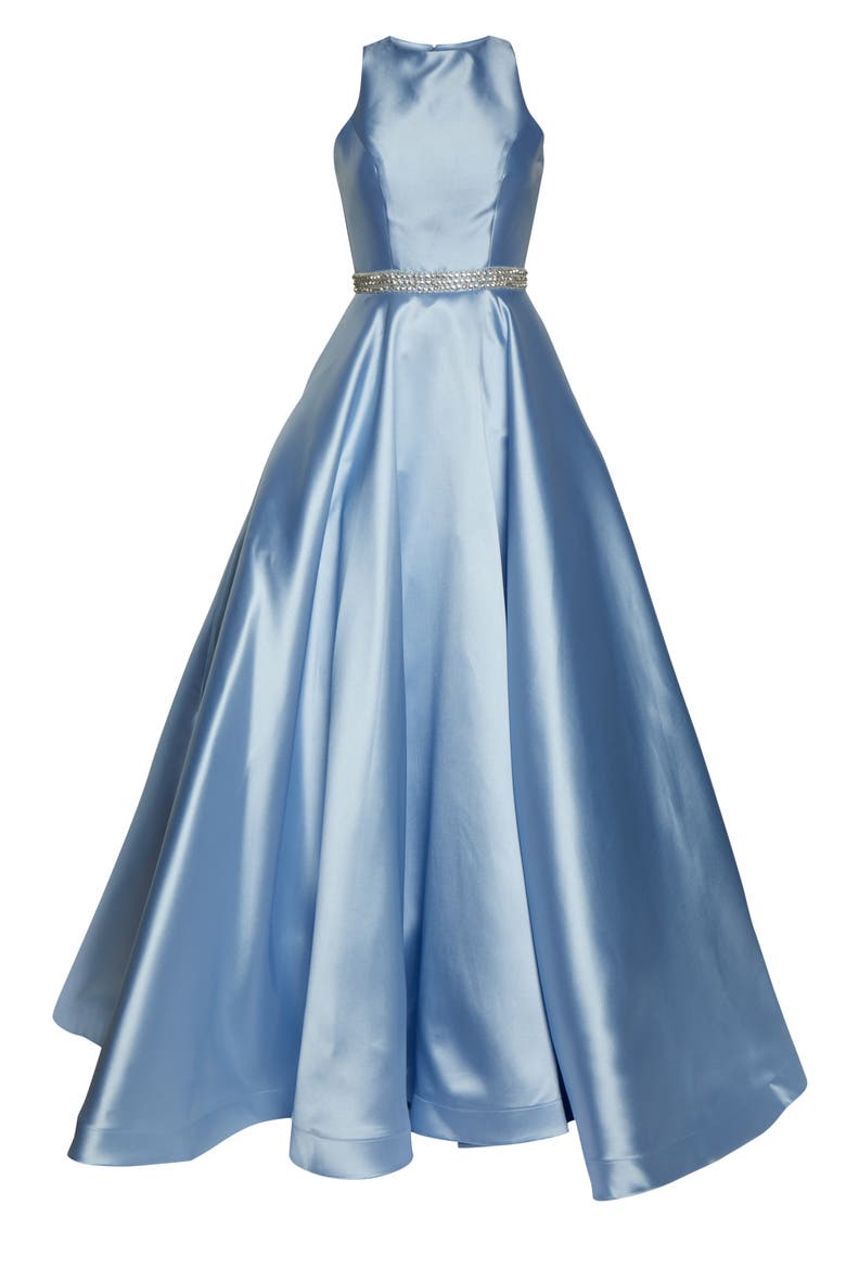 Embellished Waist Satin Ballgown, Alternate, color, POWDER BLUE