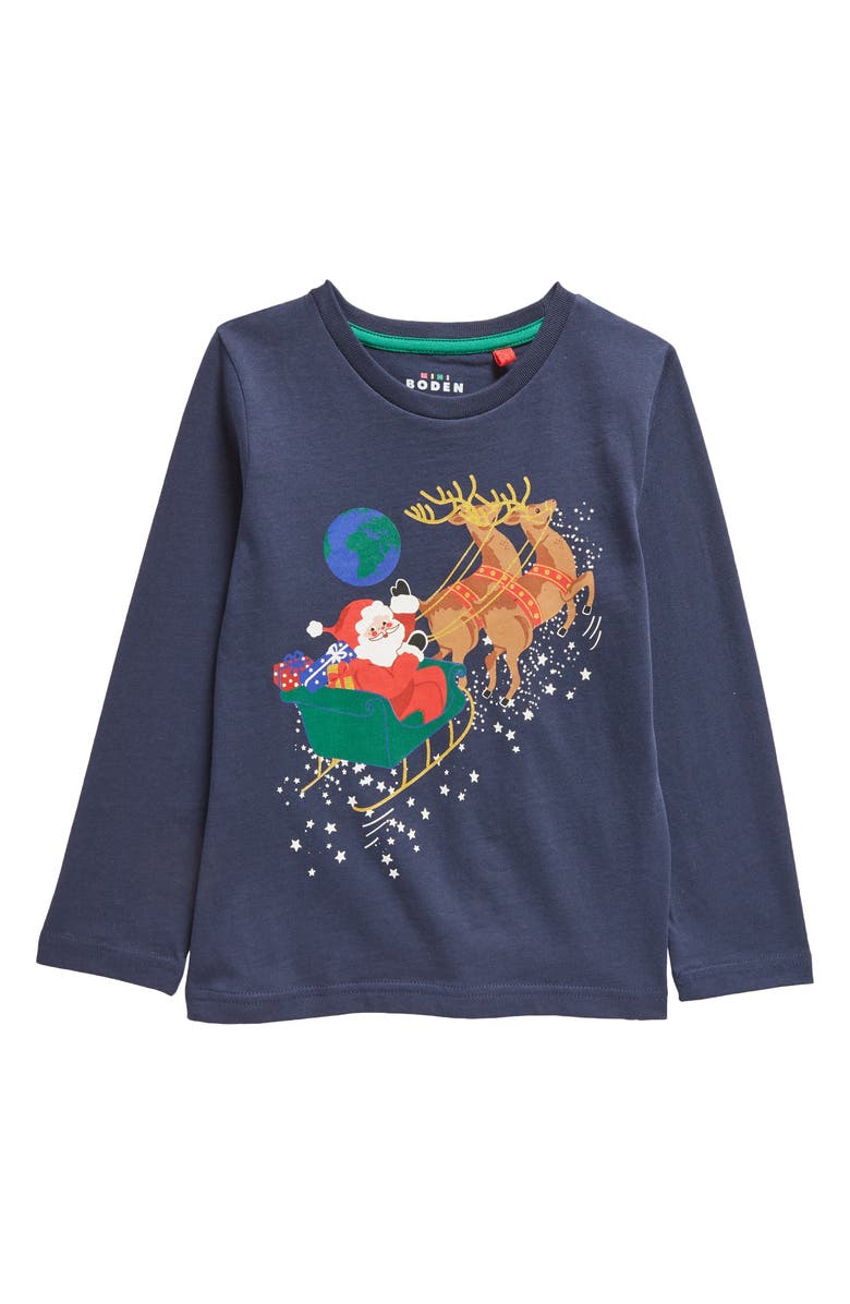Mini Boden Kids' Santa Sleigh Cotton Graphic T-Shirt, Main, color, 