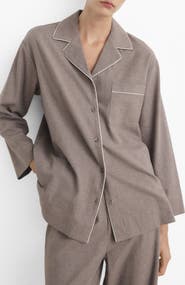 MANGO Contrast Piping Mélange Cotton Flannel Pajama Top