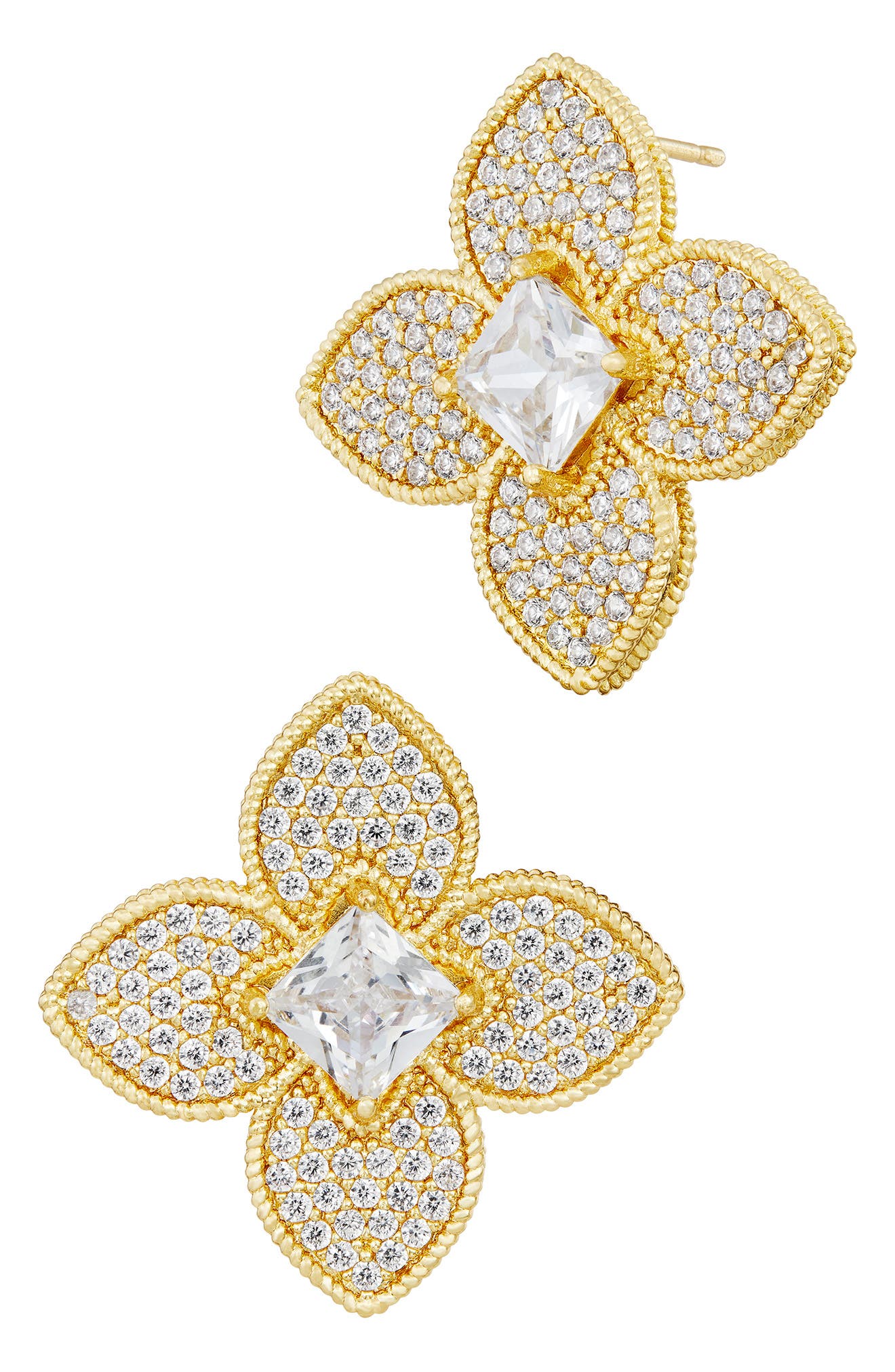 14k Gold Plated Cubic Zirconia Floral Stud Earrings