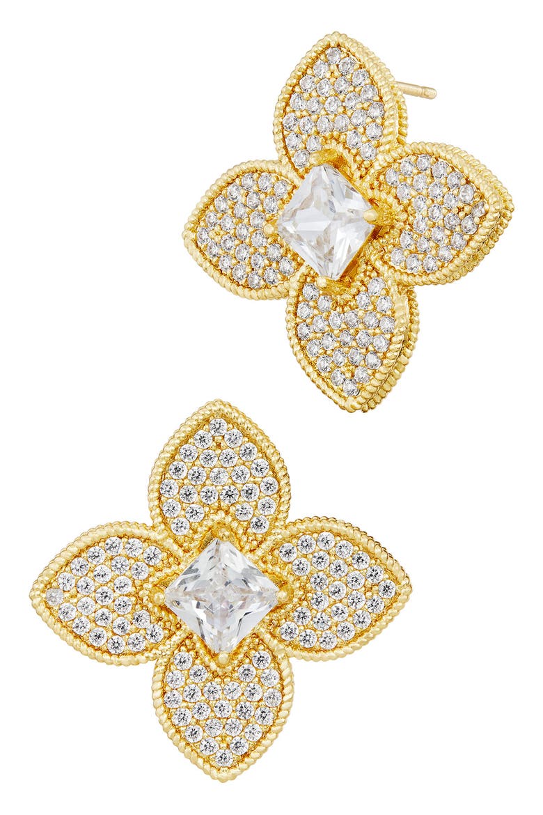 14k Gold Plated Cubic Zirconia Floral Stud Earrings, Main, color, YELLOW