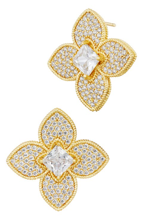 14k Gold Plated Cubic Zirconia Floral Stud Earrings