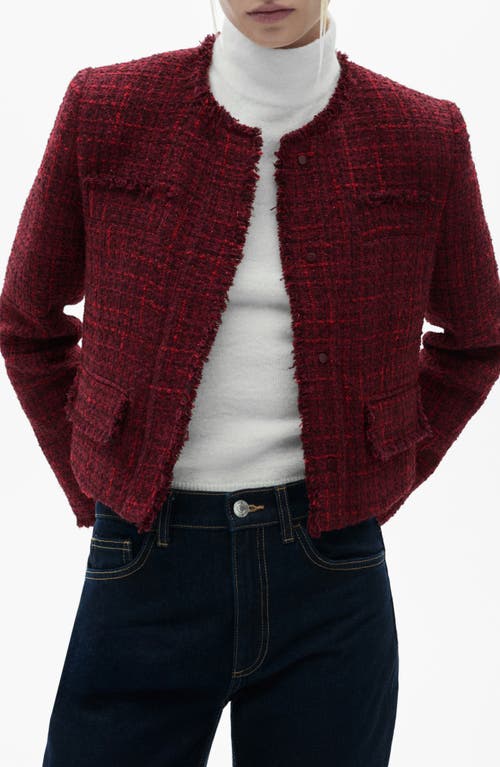 Shop Mango Fray Ends Crop Tweed Jacket In Cherry