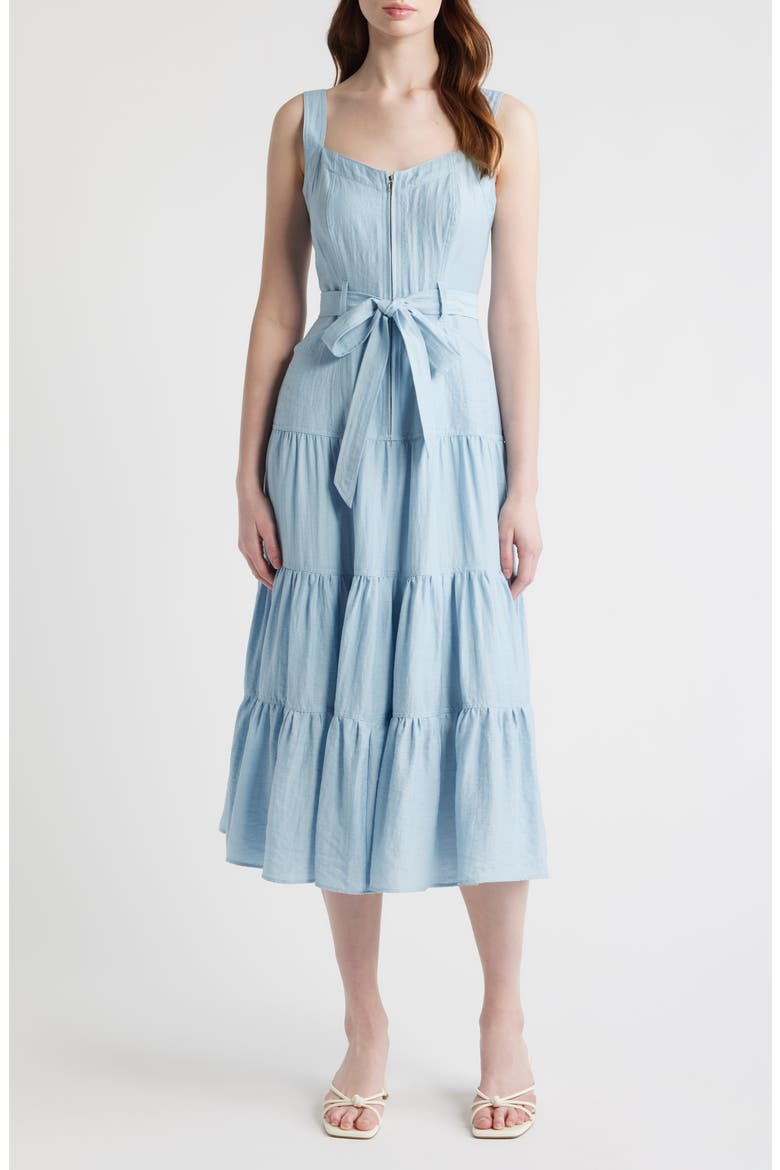 Zip Front Tie Belt Tiered Sundress, Main, color, LIGHT BLUE