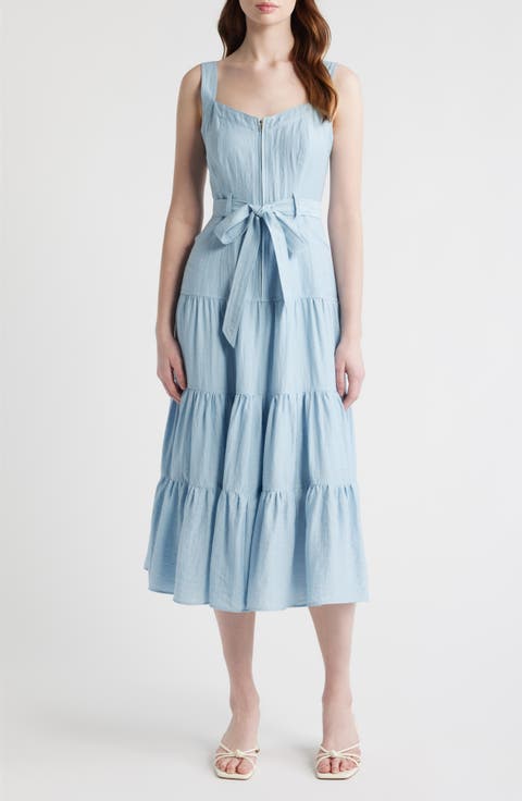Zip Front Tie Belt Tiered Sundress