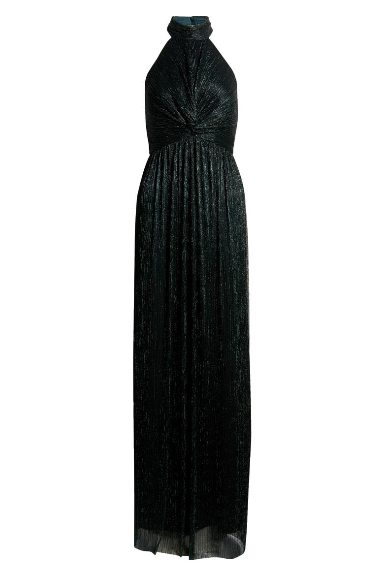 Metallic Pleated Halter Column Gown, Alternate, color, EVERGREEN METALLIC
