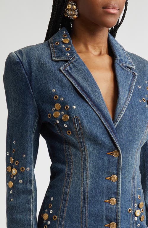 Shop Area Crystal Button Studded Long Sleeve Denim Blazer Minidress In Dark Blue
