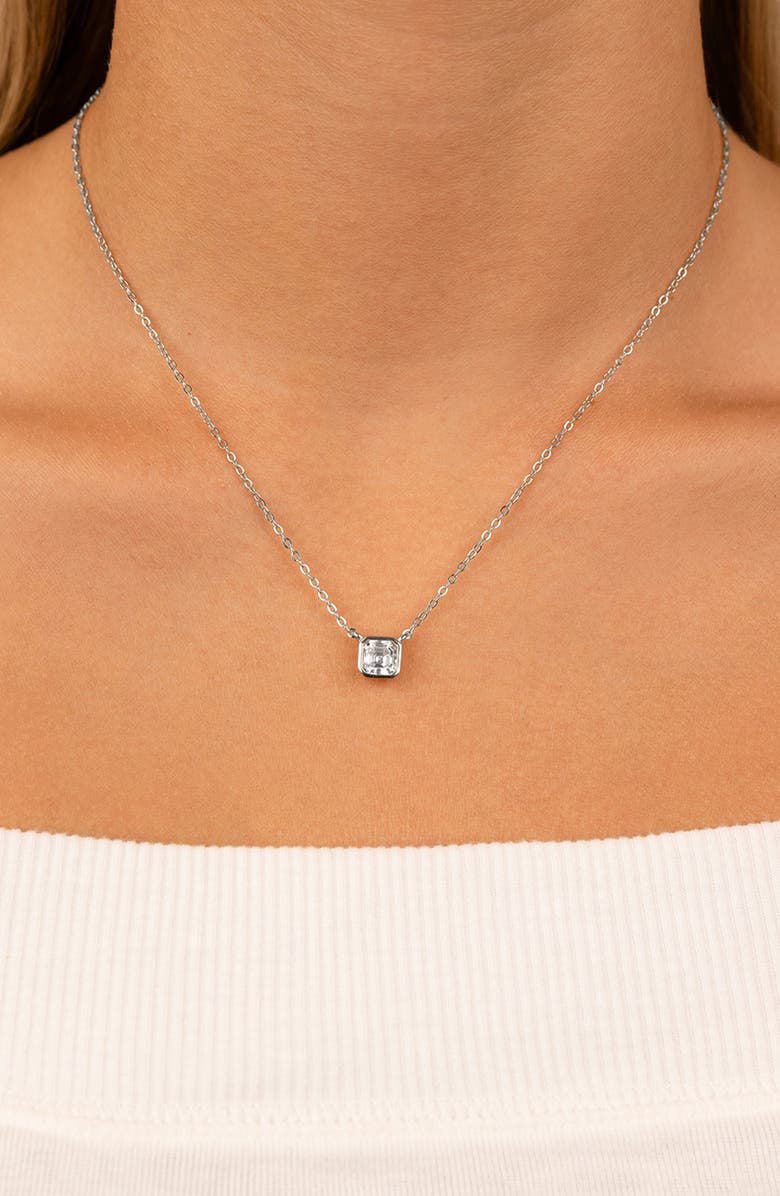 Sterling Forever Asscher Cut Cubic Zirconia Pendant Necklace, Alternate, color, Silver