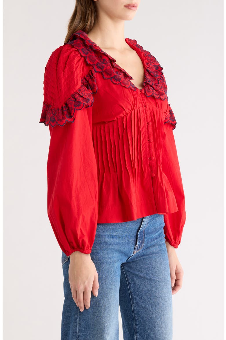 Caroline Embroidered Organic Cotton Peplum Top, Alternate, color, RED