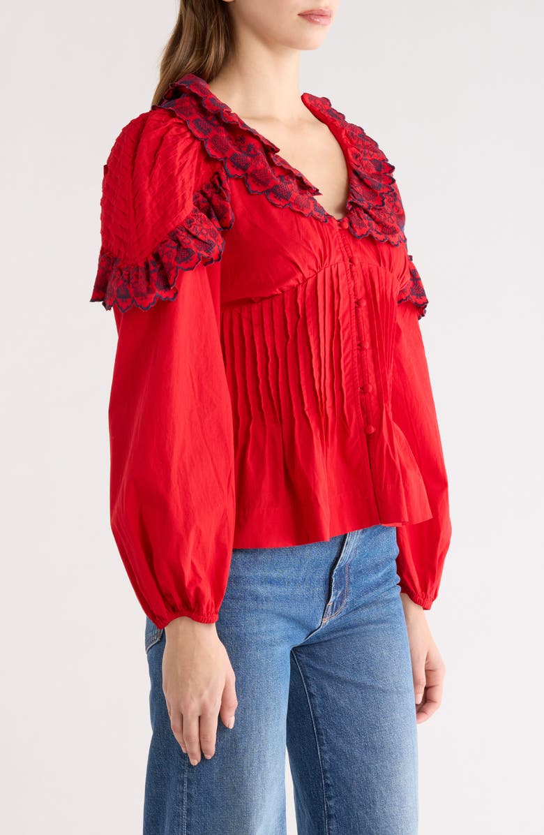 Damson Madder Caroline Embroidered Organic Cotton Peplum Top, Alternate, color, Red