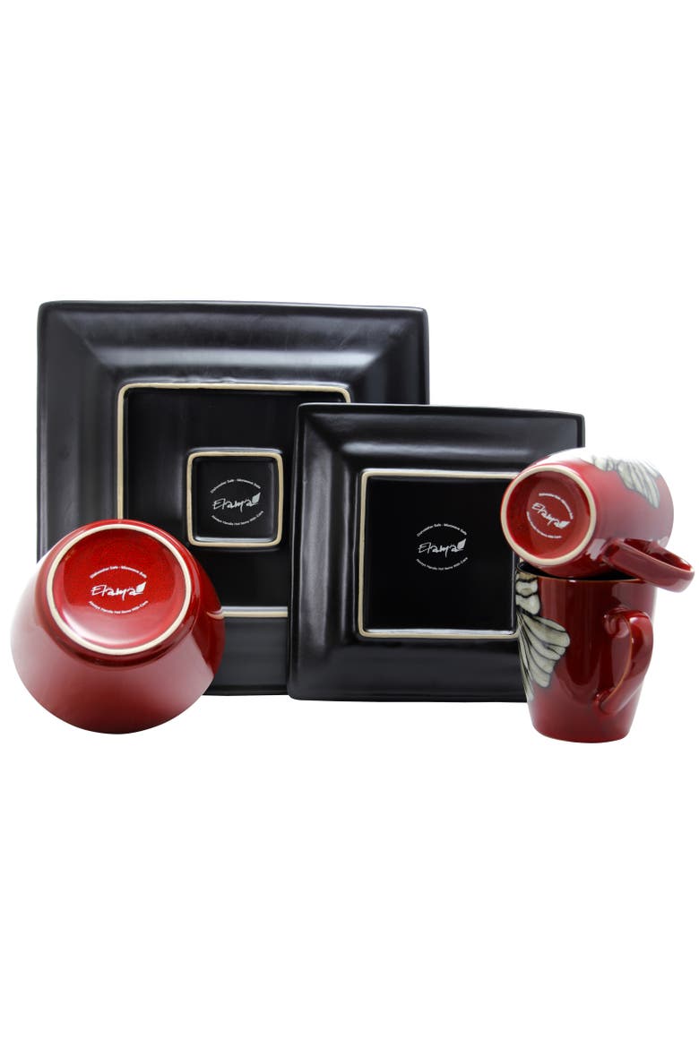 Winter Bloom 16 Piece Square Stoneware Dinnerware Set, Alternate, color, Red