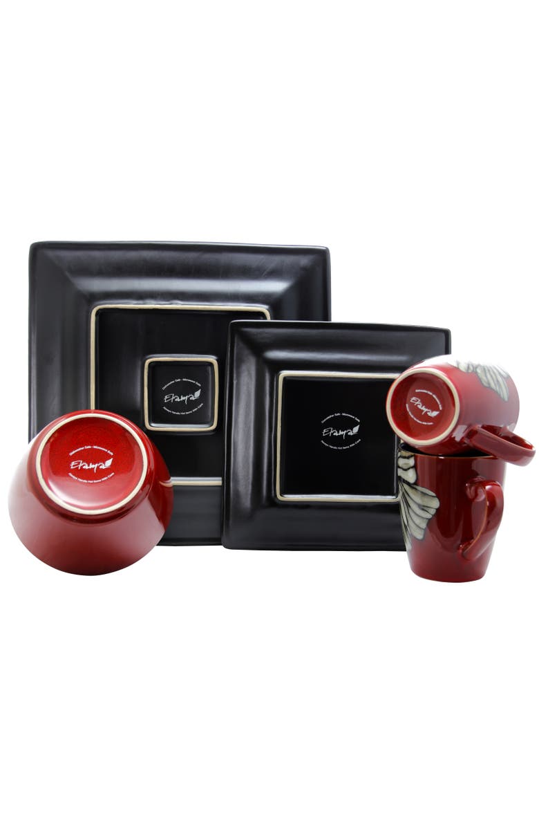 Elama Winter Bloom 16 Piece Square Stoneware Dinnerware Set, Alternate, color, Red