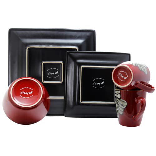 Elama Winter Bloom 16 Piece Square Stoneware Dinnerware Set In Red