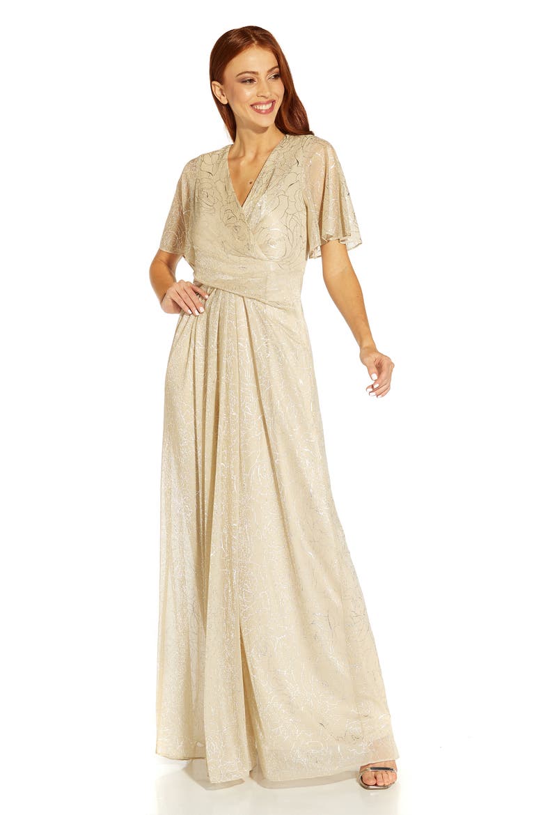 Metallic Mesh Drape A-Line Gown, Alternate, color, ALABASTER