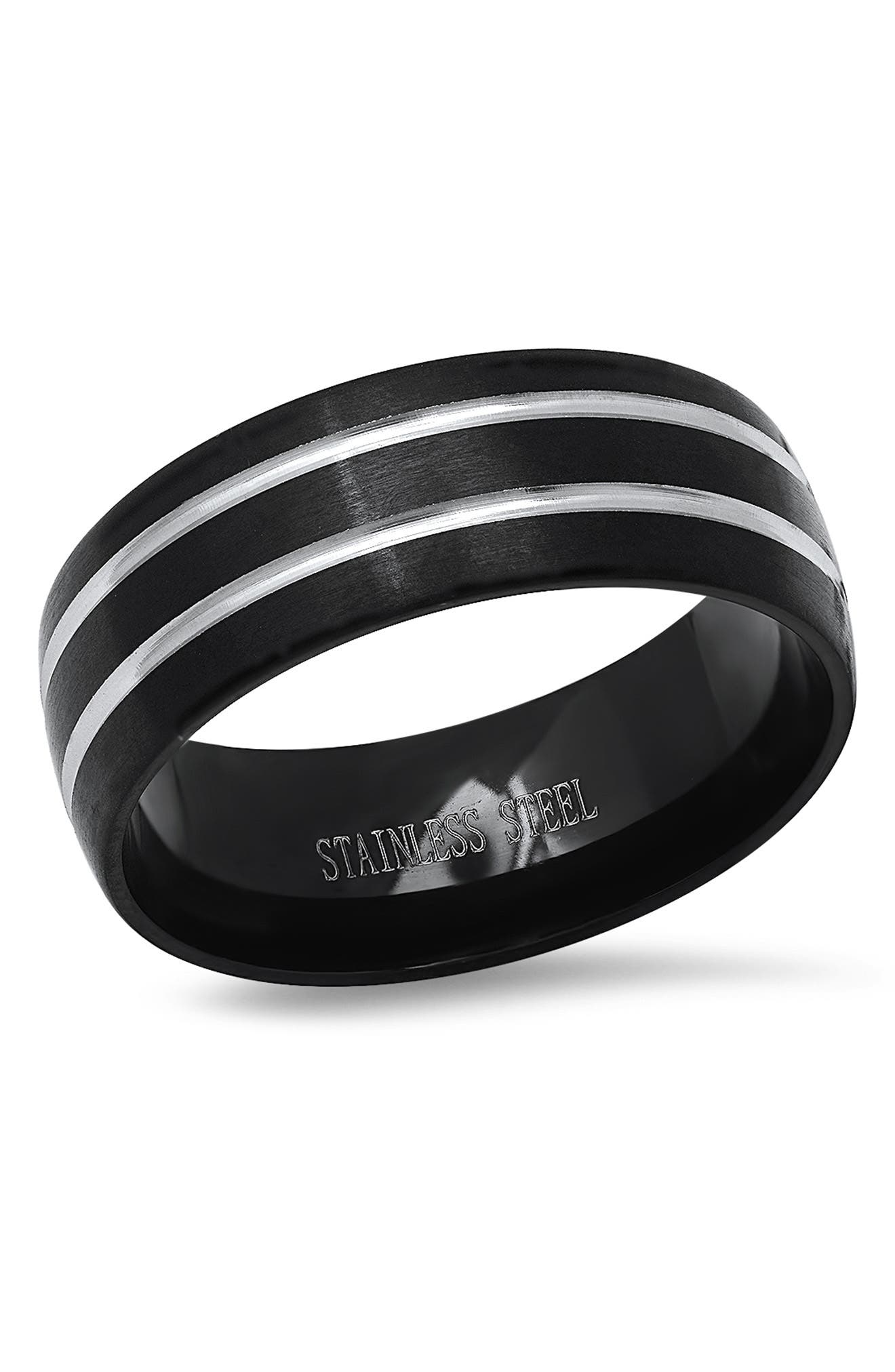 HMY JEWELRY Black & Steel Stripe Band Ring