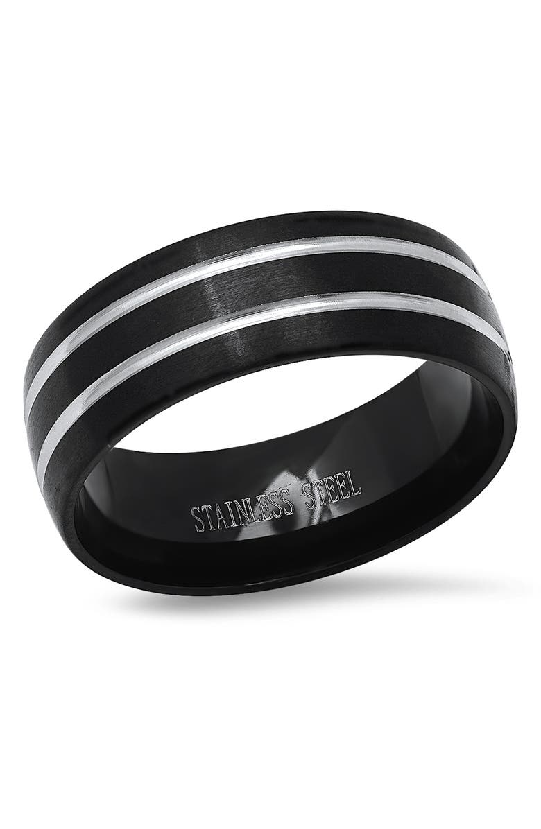 HMY JEWELRY Black & Steel Stripe Band Ring, Main, color, Black / Metallic