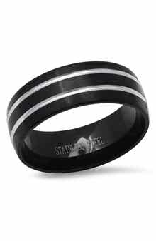 HMY JEWELRY Black & Steel Stripe Band Ring