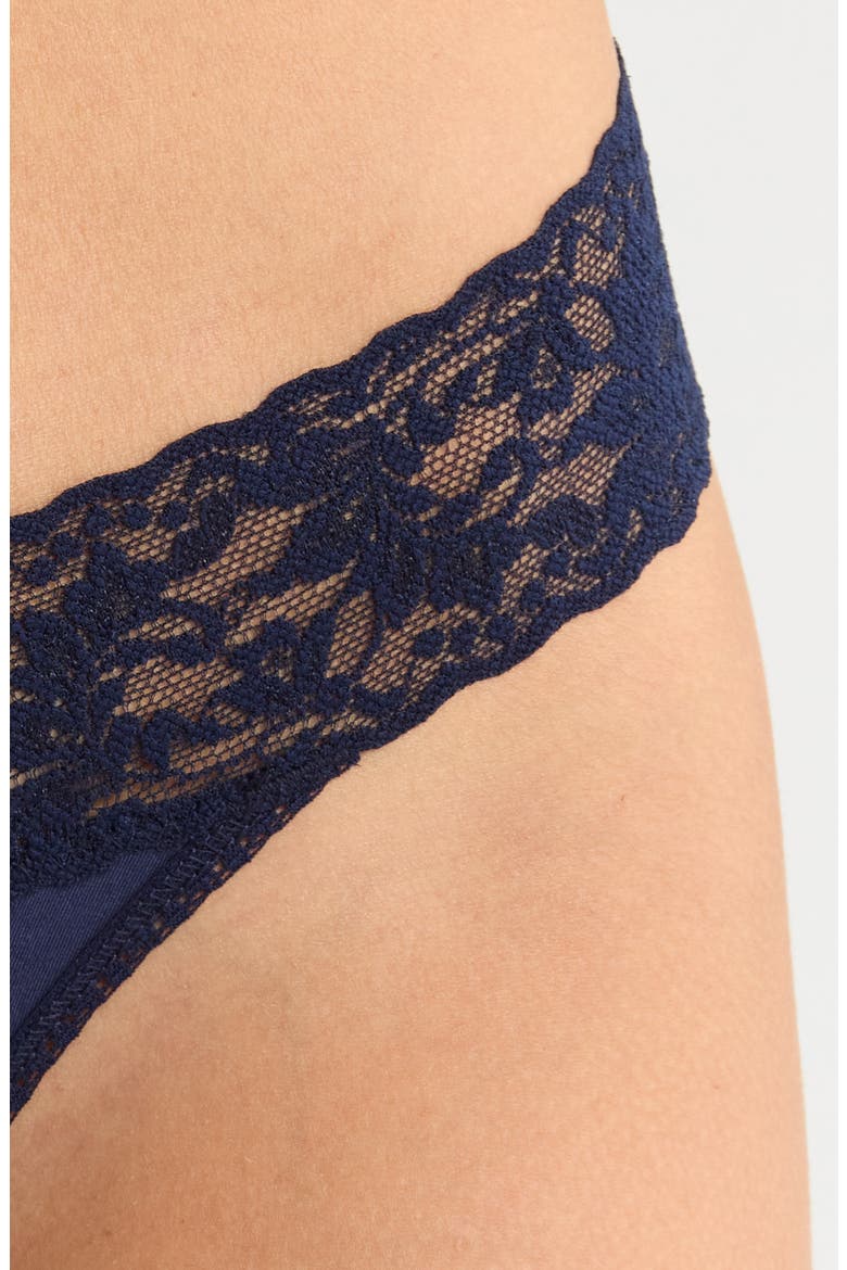 Cotton & Stretch Lace Original Rise Thong, Alternate, color, NAVY