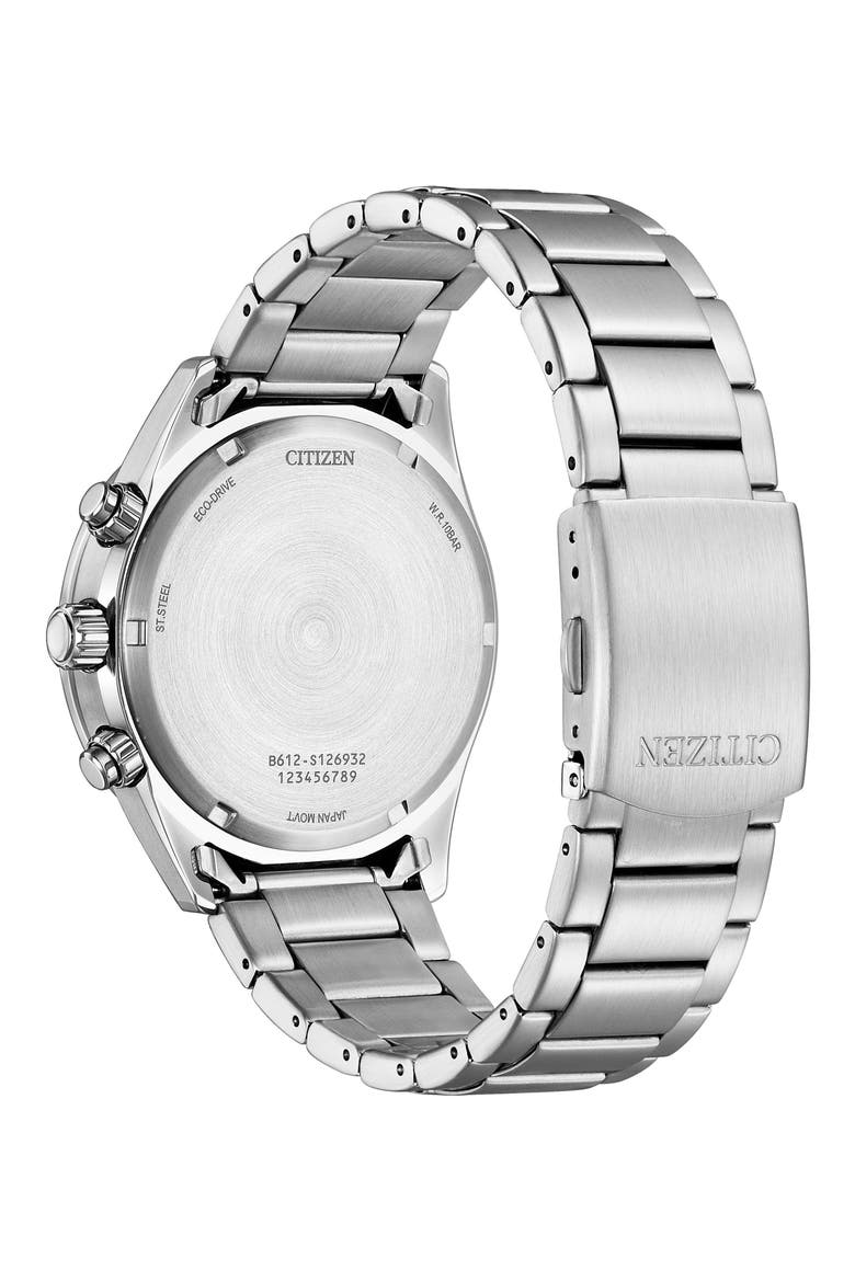 Eco Drive Chronograph Stainless Steel Bracelet Watch, 43mm, Alternate, color, SILVER