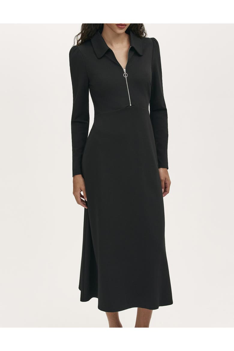 Elvira Ponte Jersey Zip Front Midi Dress, Alternate, color, Black