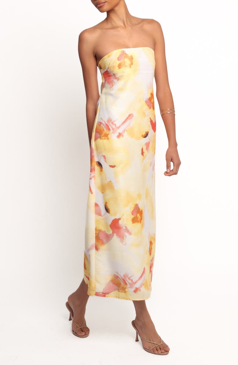 Petal & Pup Hydra Strapless Satin Midi Dress, Alternate, color, Yellow Floral
