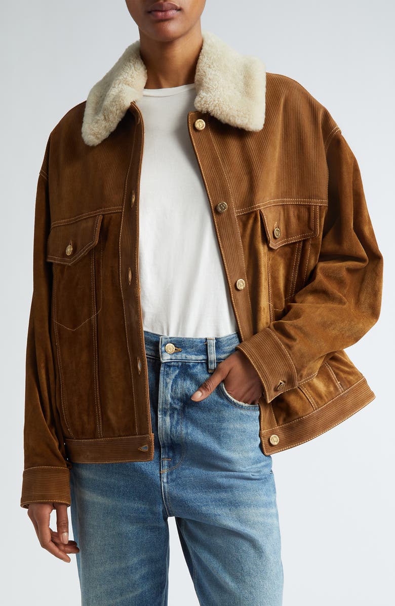 Golden Goose Journey Leather Trucker Jacket with Removable Genuine Shearling Collar, Main, color, 