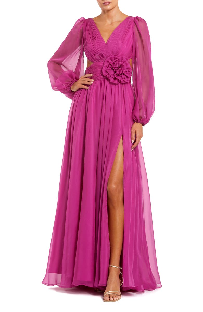 Mac Duggal Long Sleeve V Neck Chiffon Gown With 3D Flower, Main, color, Magenta