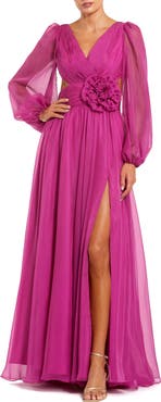 Mac Duggal Long Sleeve V Neck Chiffon Gown With 3D Flower