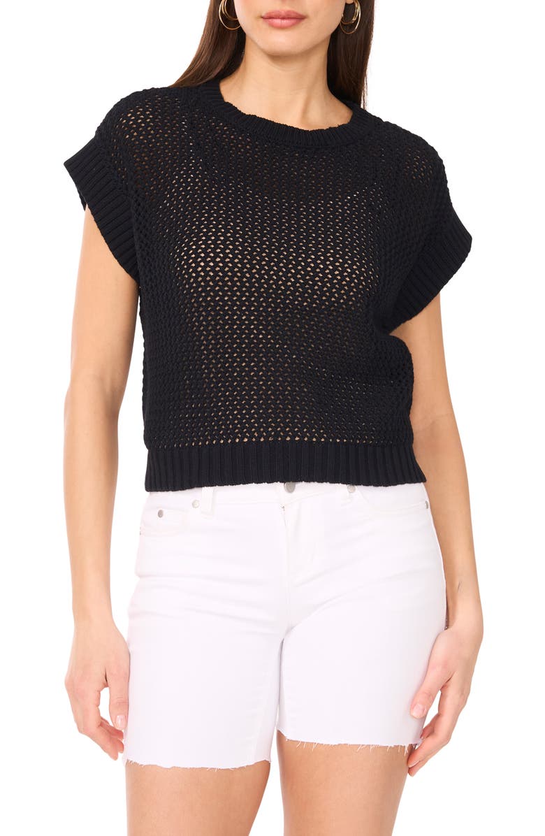 Vince Camuto Open Stitch Short Sleeve Cotton Sweater, Main, color, 