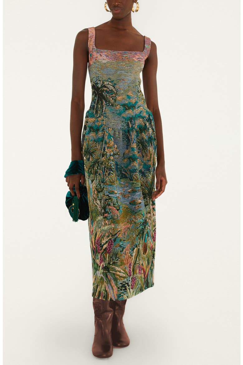 Petricor Sleeveless Jacquard Midi Dress, Main, color, GREEN