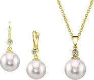 The Pearl Source 14K Gold White Akoya Cultured Pearl & Diamond Michelle Jewelry Set