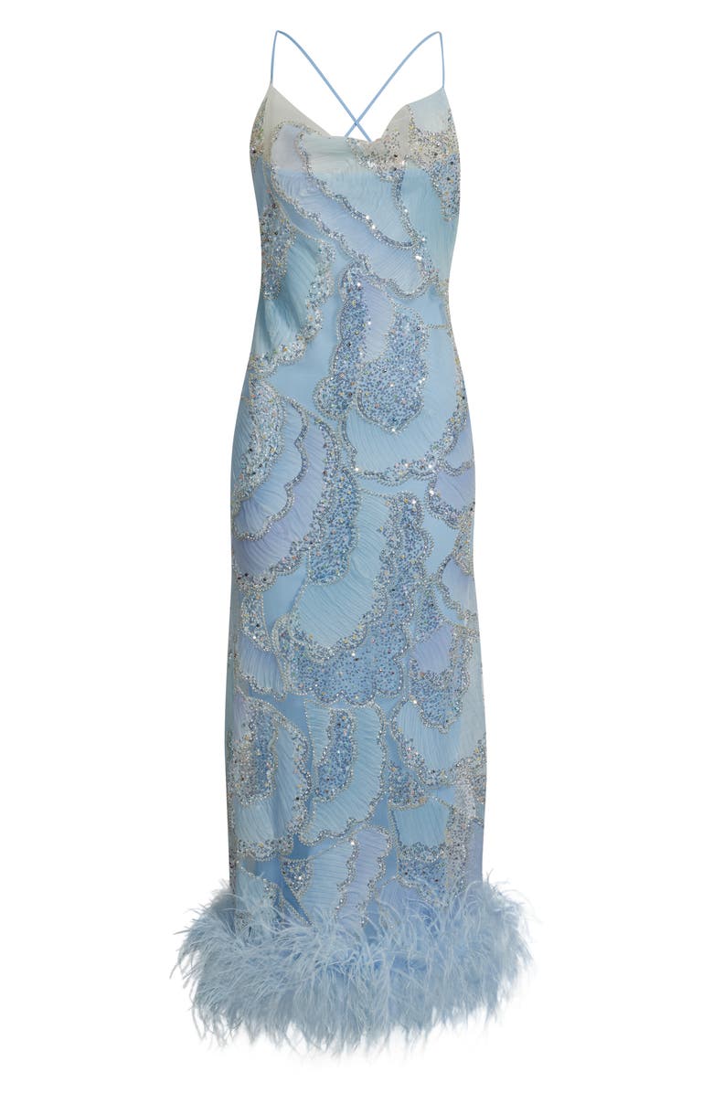 Delfi Collective Shani Sequin Ostrich Feather Hem Gown, Alternate, color, Baby Blue