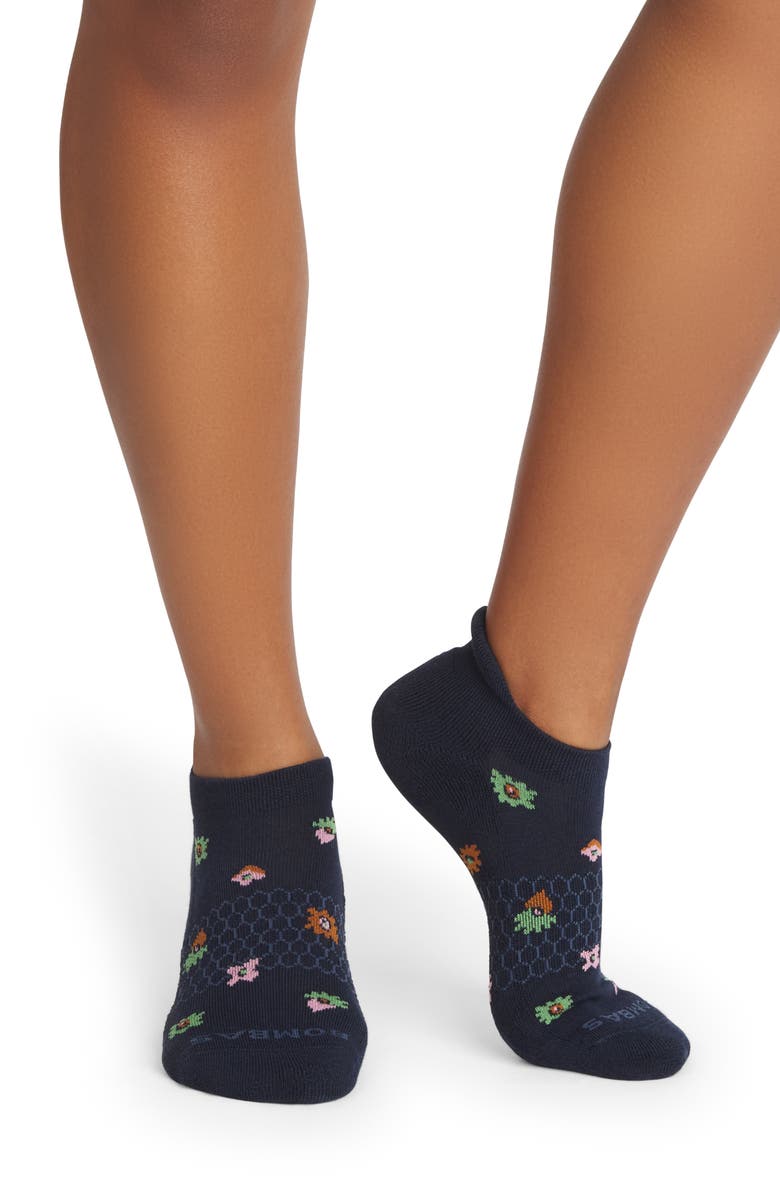 Bombas Tossed Flowers Cushioned Cotton Blend Ankle Socks, Alternate, color, Midnight Navy
