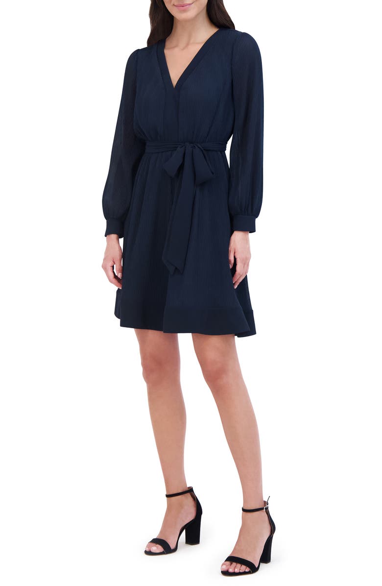 Eliza J Long Sleeve Tie Belt A-Line Dress, Alternate, color, 