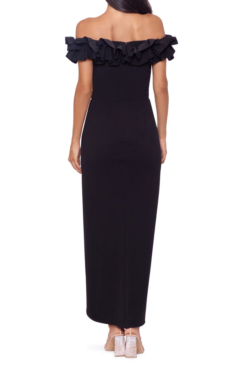 Ruffle Off the Shoulder Scuba Crepe Midi Dress, Alternate, color, BLACK