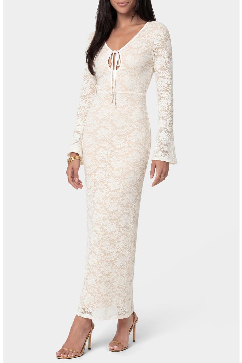 Lace Keyhole Long Sleeve Midi Dress, Alternate, color, BEIGE WHITE