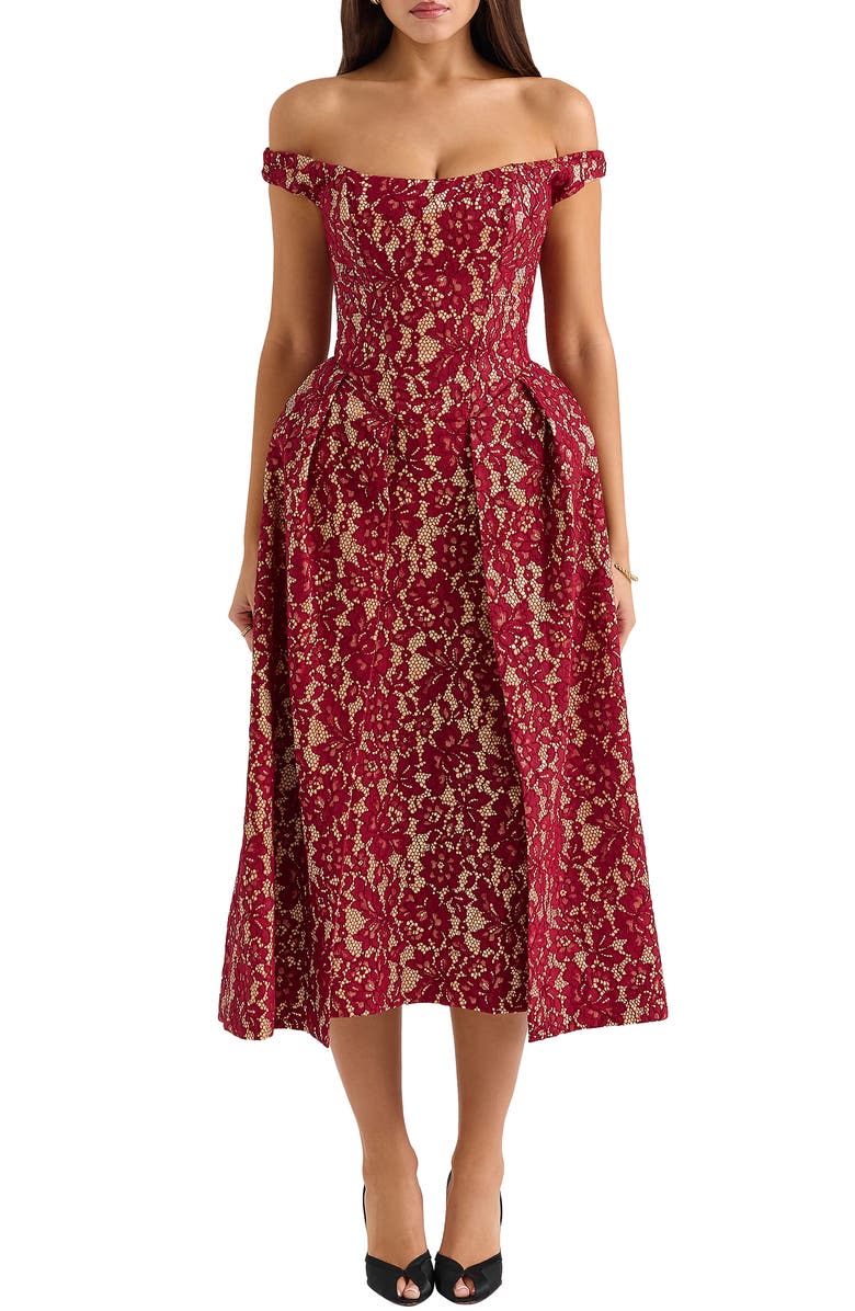 HOUSE OF CB Charming Off the Shoulder Cocktail Dress, Main, color, Rhubarb And Gold