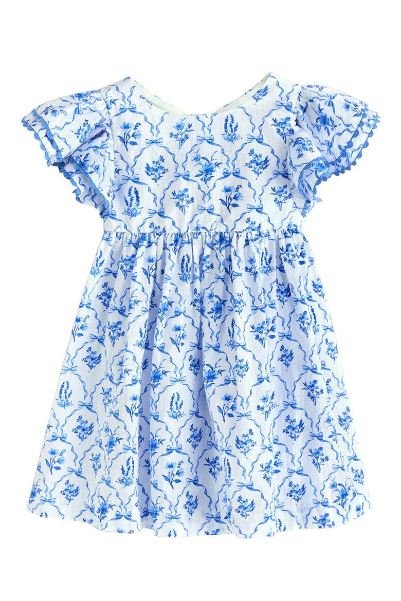 Kids' Pretty Angel Rickrack Trim Flutter Sleeve Clip Dot Cotton Dress, Main, color, BLUE