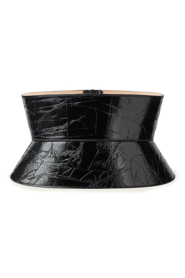 Tape Print Patent Leather Corset Belt, Main, color, BLACK