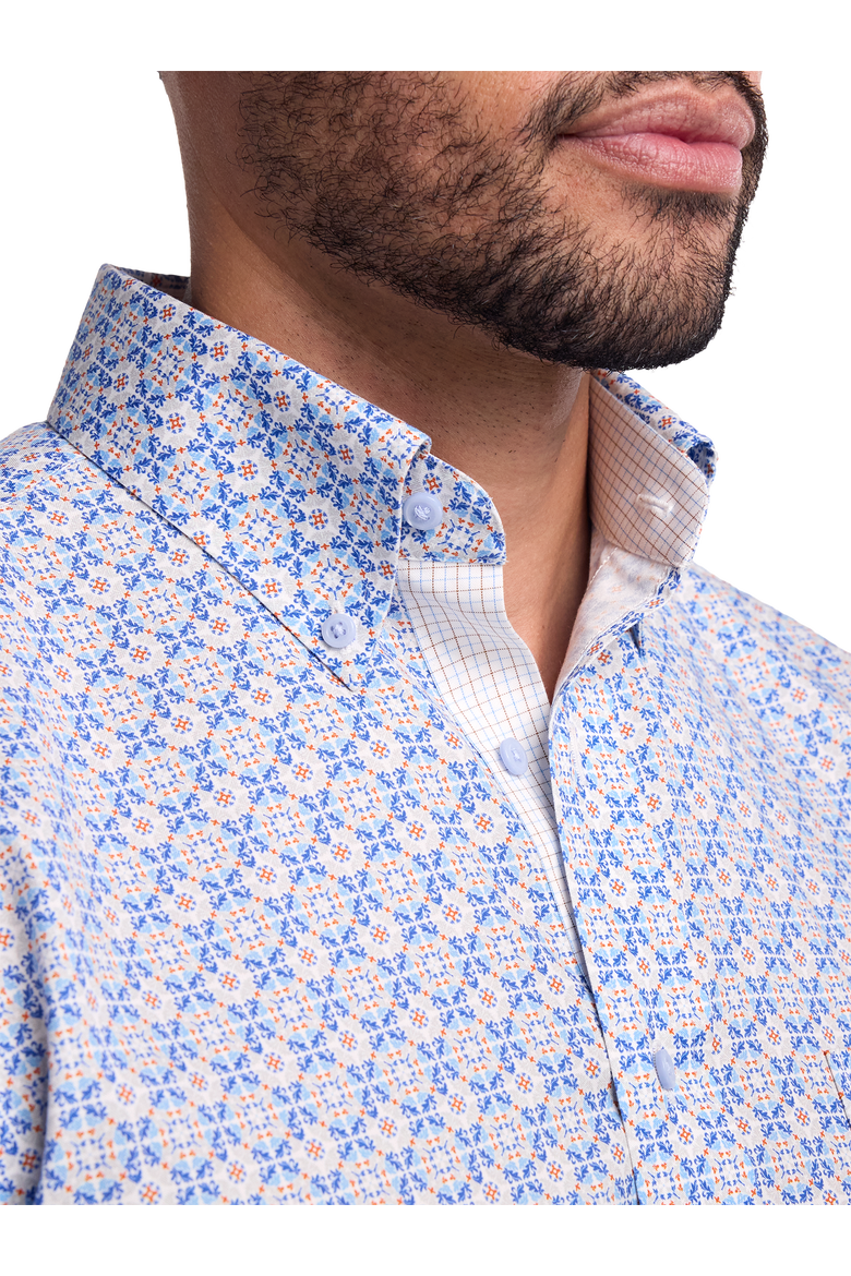 Cotton Spandex Buttondown Collar Pinpoint Classic Contrast Trim Button Cuff Long Sleeve, Alternate, color, Blue Multi