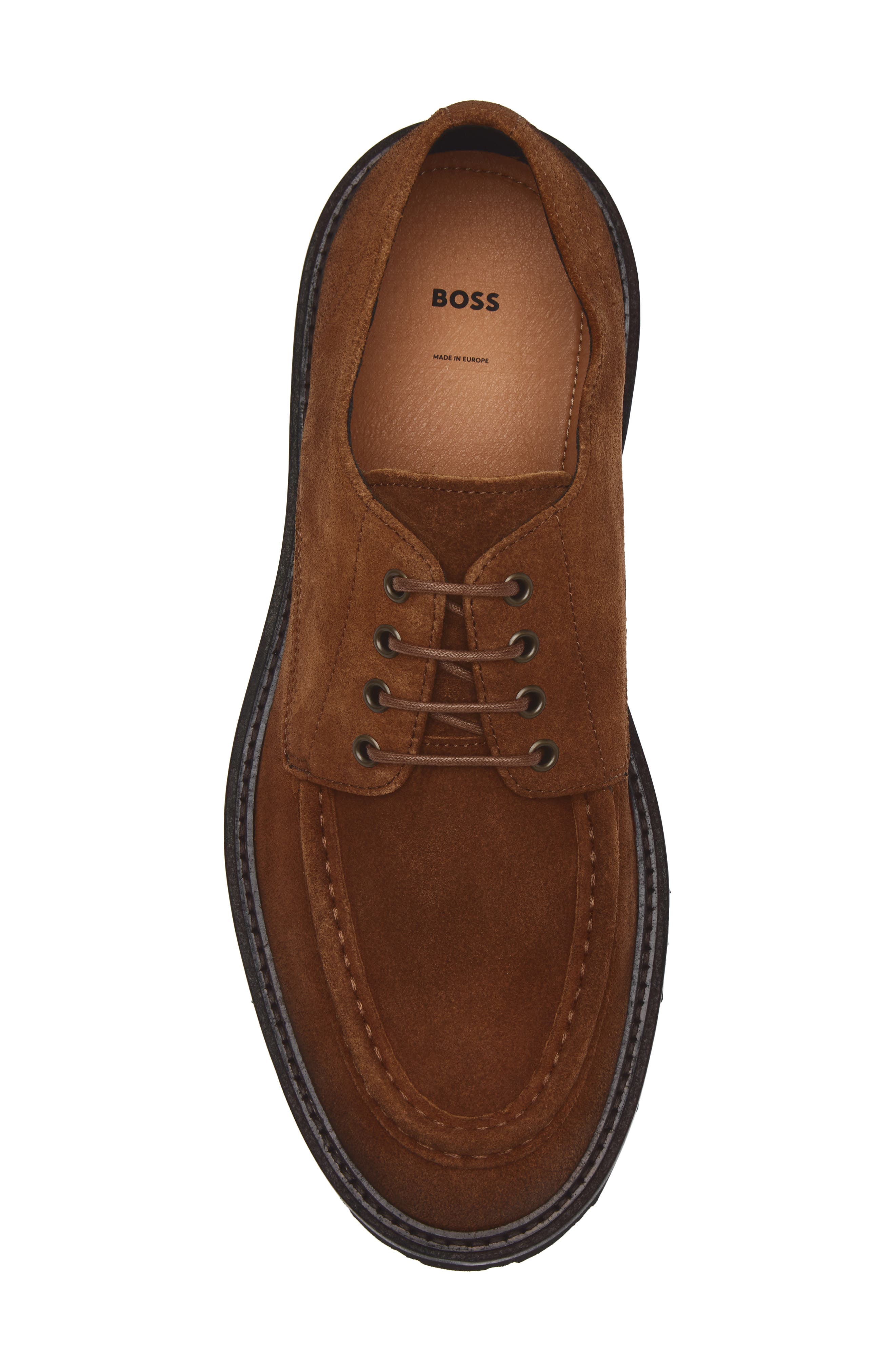 BOSS Julio Lugged Moc Toe Suede Derby, Alternate, color, Dark Brown